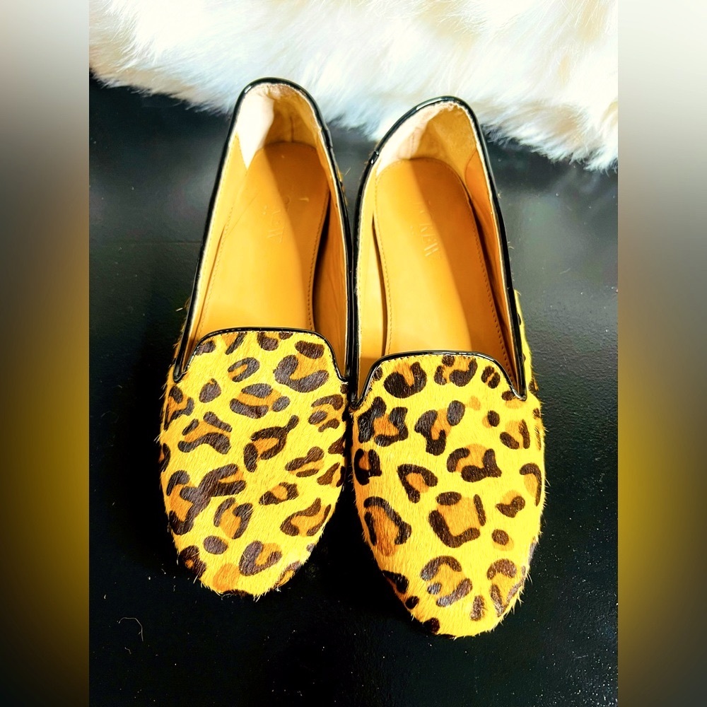 J Crew Women’s Leopard calf hair smoking Leather loafers US Sz 8.